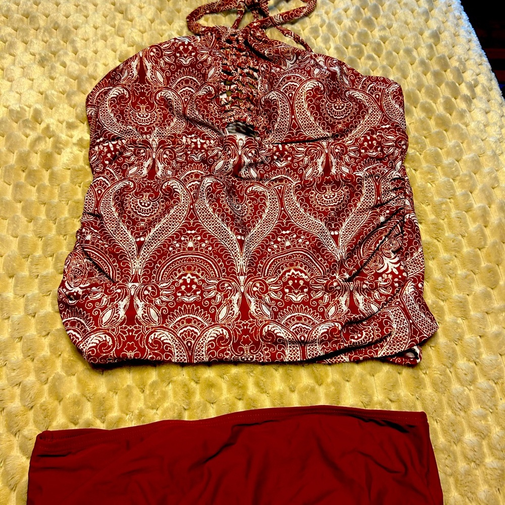 Red and White Paisley Halter Swimsuit